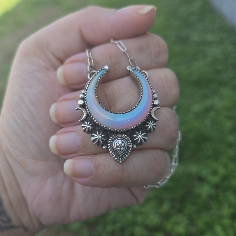 Lavender Star Designs Aura Opal Lunar Dream Silver Crescent Moon Pendant Artisan - Picture 4 of 11